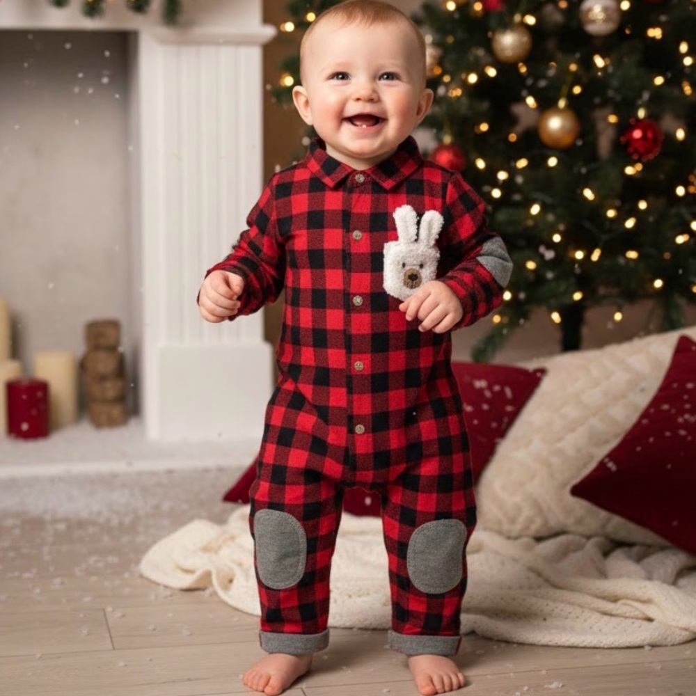 GoodLad Baby Buffalo Check Jumpsuit Bear Pocket Plaid Patches Size 18 month NWT
